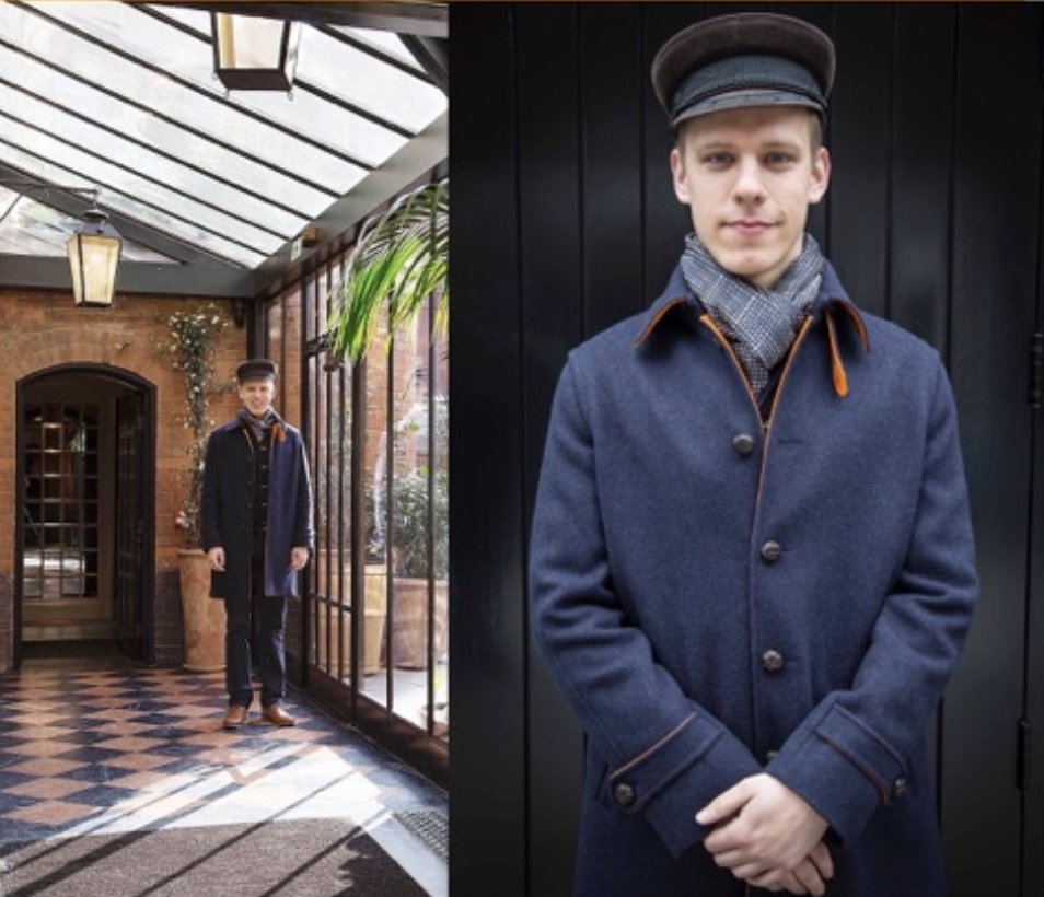 Two photographs of a young man in a navy loden coat with tan piping and a flat cap, the staff coat made for Chiltern Firehouse and The Mercer
