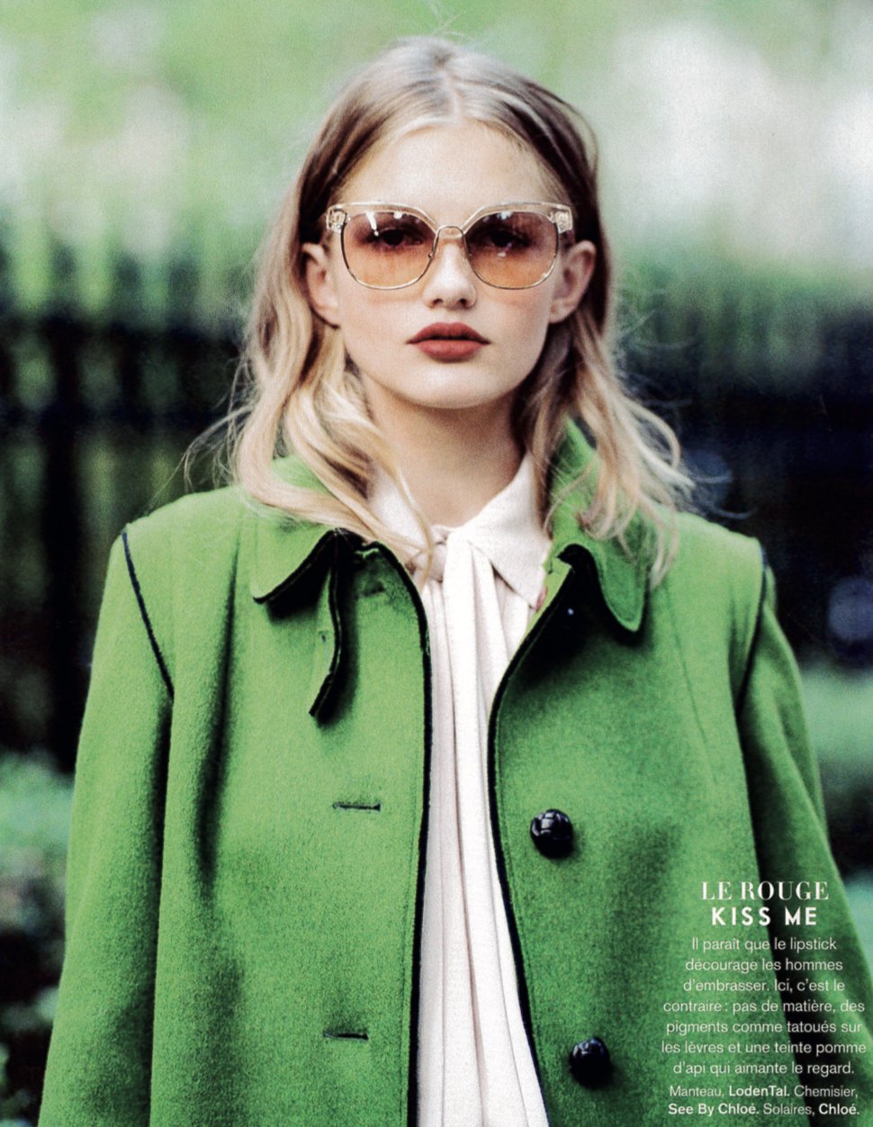 Glamour page: a model in a green LodenTal coat and sunglasses
