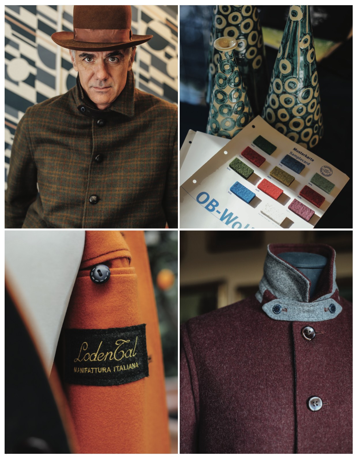 WM Brown magazine: a man in a brown hat and a green checked loden jacket, a loden sample card, an orange coat with the LodenTal label, and a burgundy loden jacket with a grey collar